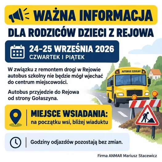 Remont drogi w Rejowie: autobus szkolny zmienia trasę 24-25 września