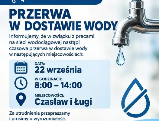 Przerwa w dostawie wody w Czasławiu i Ługach – 22 września