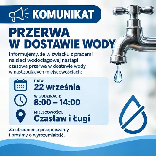 Przerwa w dostawie wody w Czasławiu i Ługach – 22 września