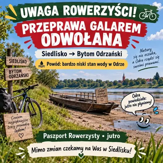 Odra zbyt niska na przeprawę galarem. Paszport Rowerzysty w Siedlisku odbędzie się mimo zmian