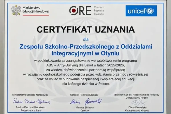 Certyfikat Uznania dla szkoły w Tynie za program przeciwdziałania przemocy rówieśniczej