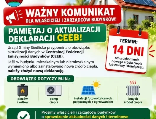 Gmina Siedlisko przypomina: wymieniłeś piec? Zaktualizuj deklarację CEEB w 14 dni